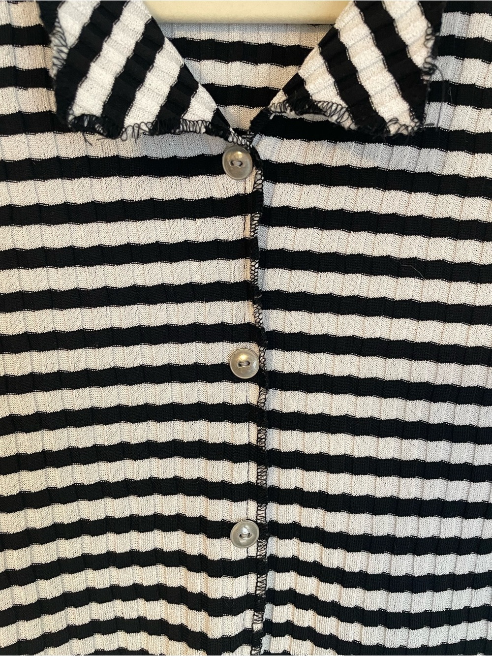 G.B.S. Black and white stripped button brown short sleeve top - Picture 2 of 6